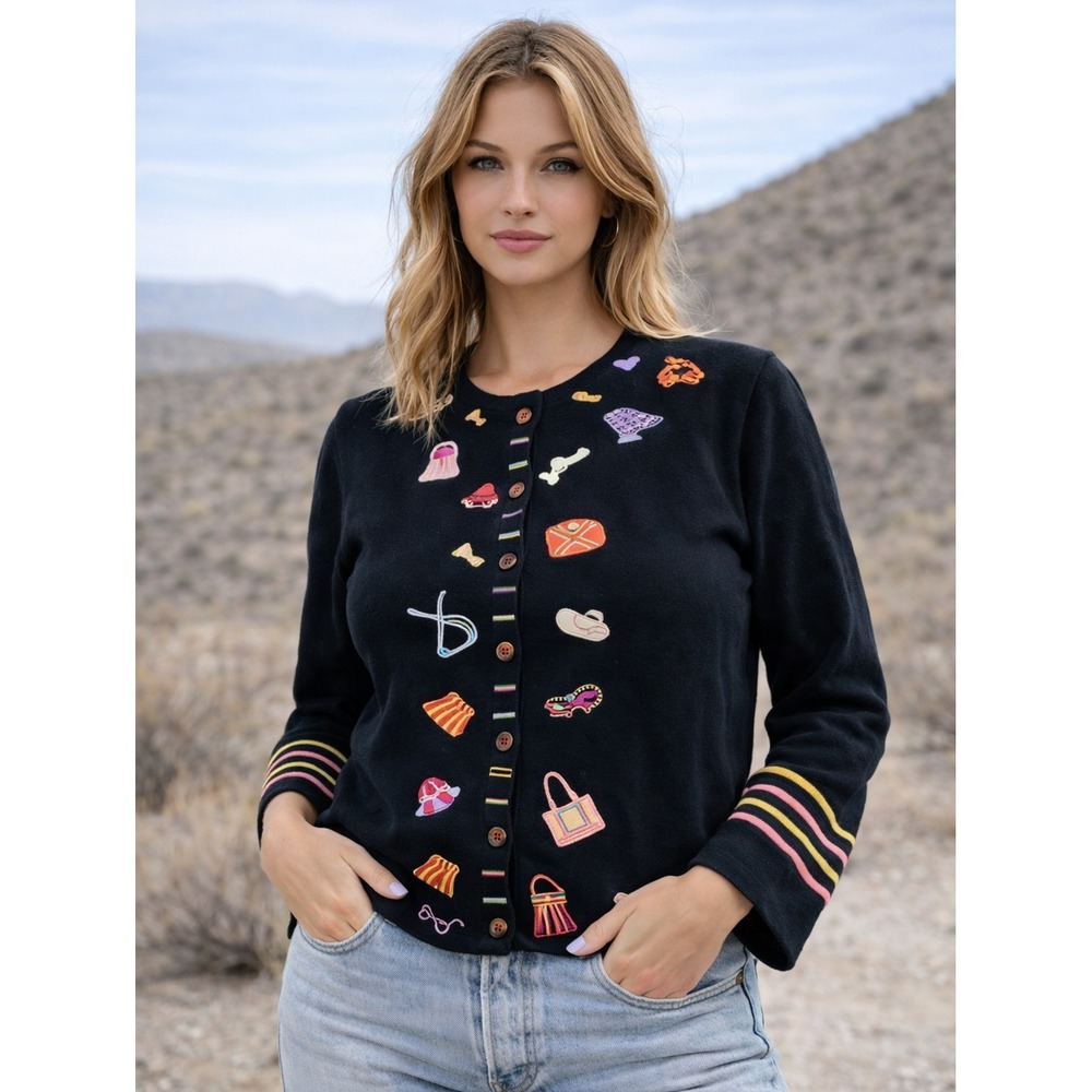 Michael Simon Lite Embroidered Long Sleeve Cardigan Beachy Kitsch Grannycore L